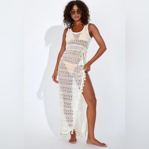 Lulu’s Beach Bound Babe Beige Crochet Tassel Maxi Swim Cover-Up